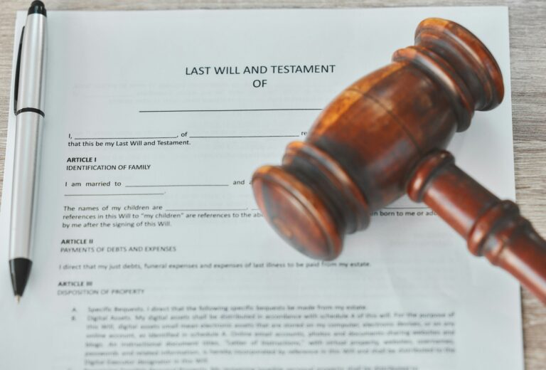 Pen, last will and testament with contract, gavel and legal aid with law and document on a desk. Pa